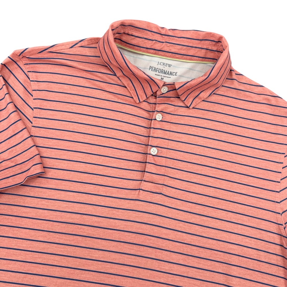 J.Crew Performance Mens Medium Coral Pink Navy Blue Striped Polo Shirt Golf M‎